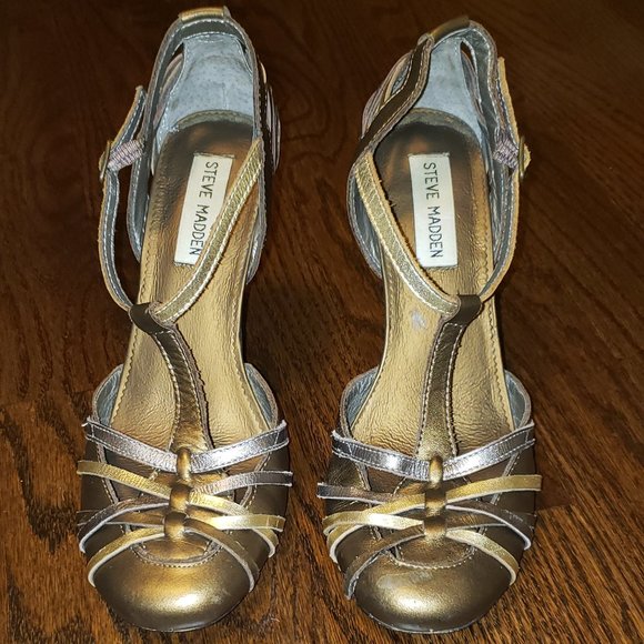 Metallic T-strap Heels - Picture 1 of 7